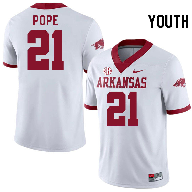 Youth #21 JuJu Pope Arkansas Razorbacks College Football Jerseys Stitched-Alternate White